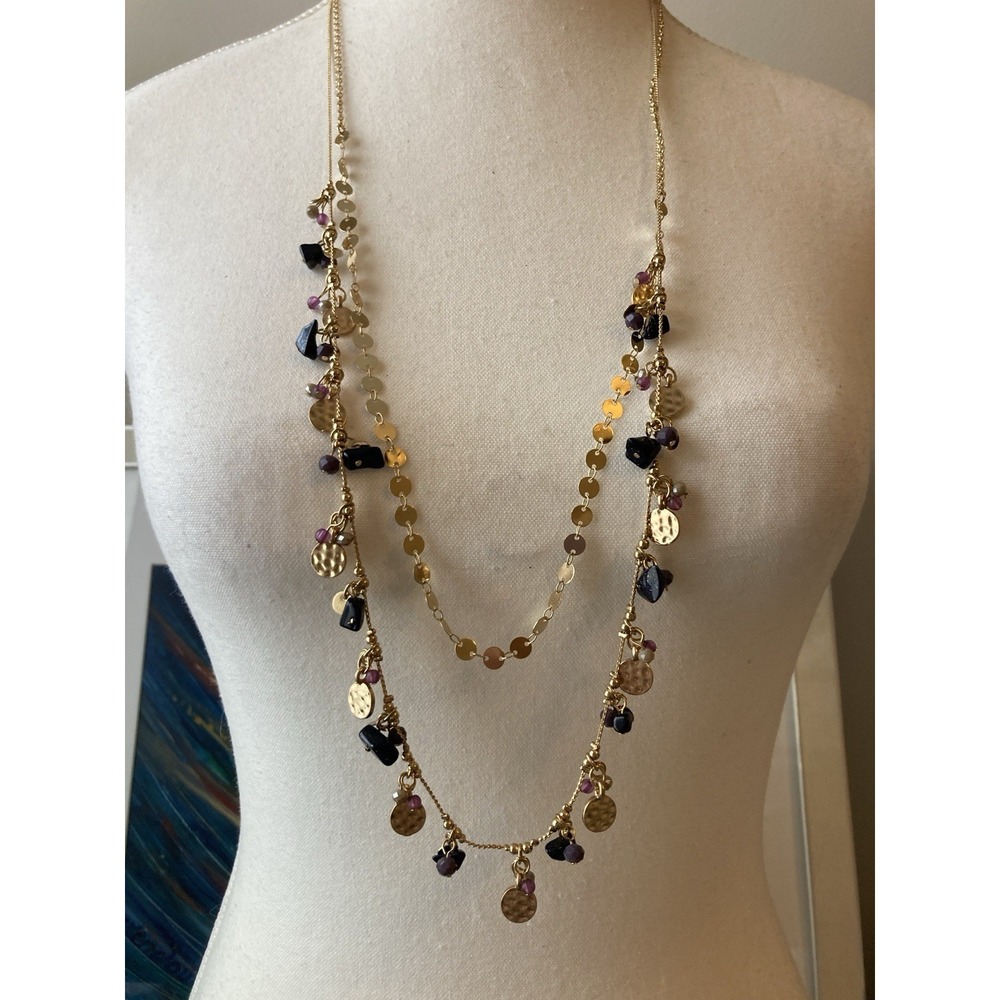 Gold Tone Multi Strand Necklace Coin Charm Purple Bead Long Layered Whimsical
